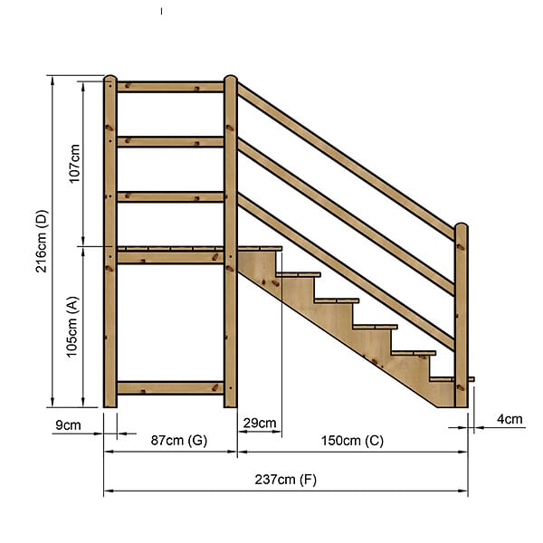 VINUOVO - MILANO - Escalier en bois 6 marches H105 cm - sans contre-marche - Palier L120 x P116 cm - Rambarde escalier gauche, palier gauche et en face - large