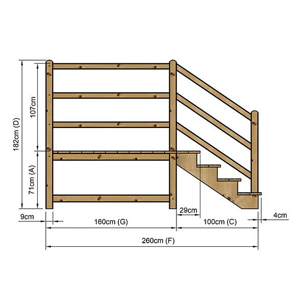 VINUOVO - MILANO - Escalier en bois 4 marches H71 cm - sans contre-marche - Palier L120 x P189 cm - Escalier rambarde droite, palier droite et face - large