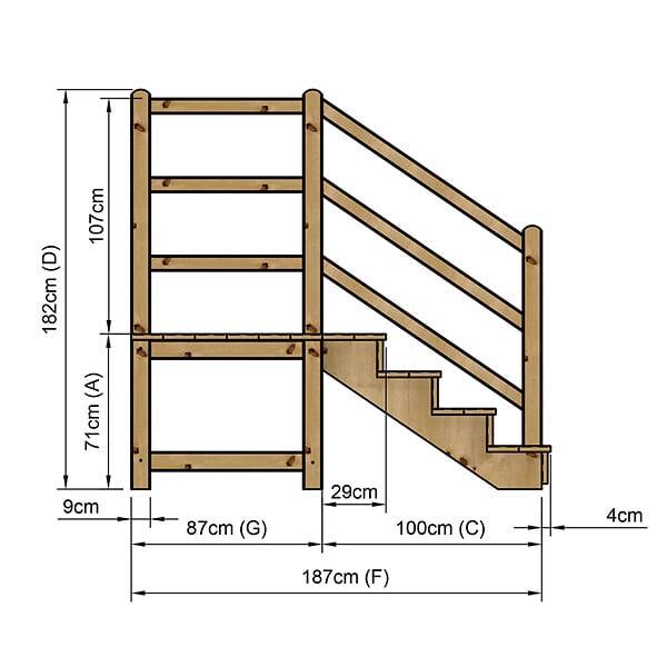 VINUOVO - MILANO - Escalier en bois 4 marches H71 cm - avec contre-marches - Palier L120 x P116 cm - Rambardes escalier et palier à droite - large