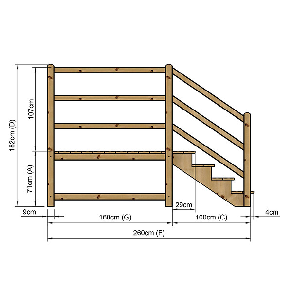VINUOVO - MILANO - Escalier en bois 4 marches H71 cm - sans contre-marche - Palier L120 x P189 cm - Rambarde escalier et palier à gauche - large