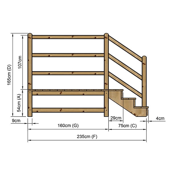 VINUOVO - MILANO - Escalier en bois 3 marches H54 cm - avec contre-marches - Palier L120 x P189 cm - Rambardes escalier et palier à droite - large