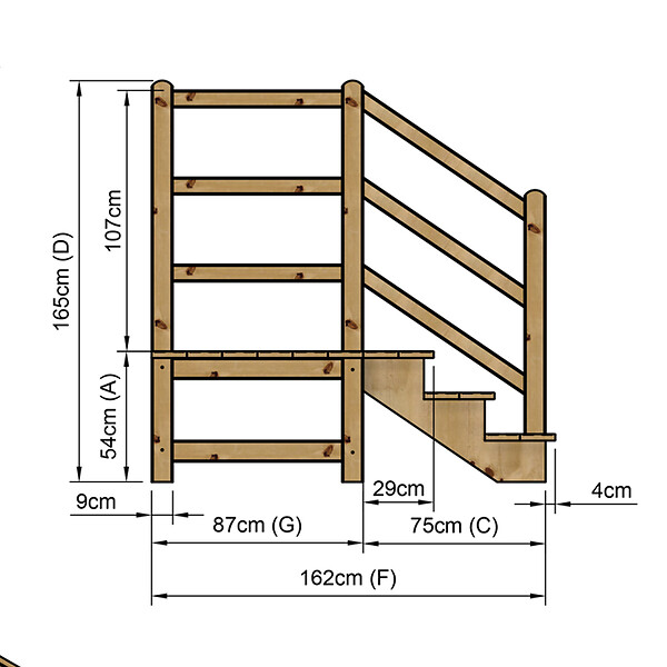 VINUOVO - MILANO - Escalier en bois 3 marches H54 cm - sans contre-marche - Palier L120 x P116 cm - Rambardes escalier et palier à droite - large