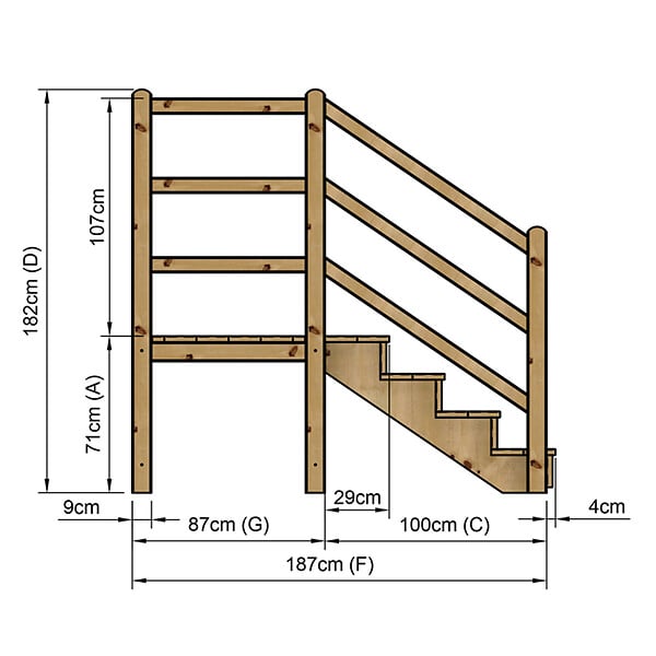 VINUOVO - MILANO - Escalier en bois 4 marches H71 cm - avec contre-marches - Palier L120 x P116 cm - Rambardes escalier et palier des 2 côtés - large