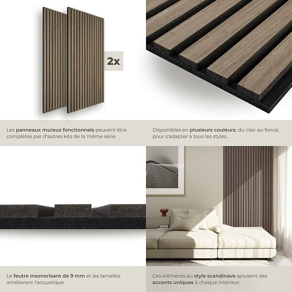 TECTAKE - Panneaux acoustiques décoratifs en MDF placage bois véritable chêne foncé 110x50cm absorption phonique insonorisation murale - large