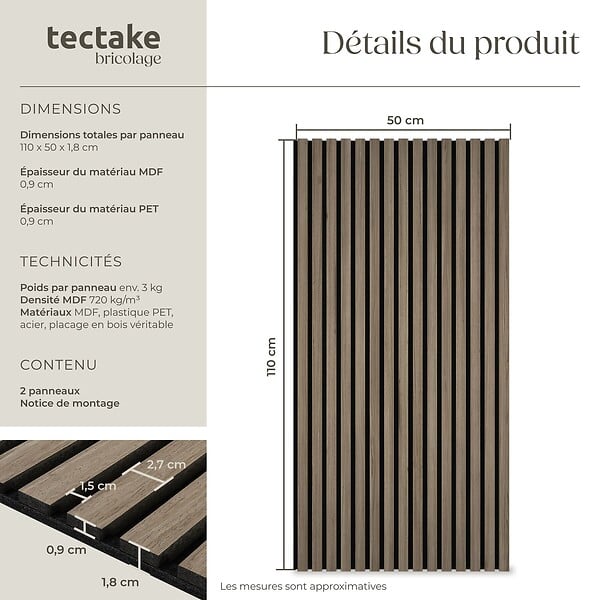 TECTAKE - Panneaux acoustiques décoratifs en MDF placage bois véritable chêne foncé 110x50cm absorption phonique insonorisation murale - large