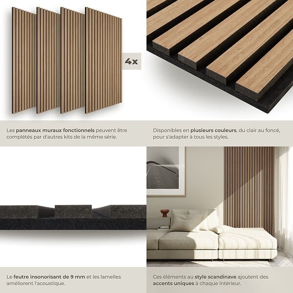 TECTAKE - Panneaux acoustiques décoratifs en bois chêne 110x50cm isolation phonique murale absorption sonore placage véritable insonorisant 4 pcs - large