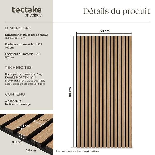 TECTAKE - Panneaux acoustiques décoratifs en bois chêne 110x50cm isolation phonique murale absorption sonore placage véritable insonorisant 4 pcs - large