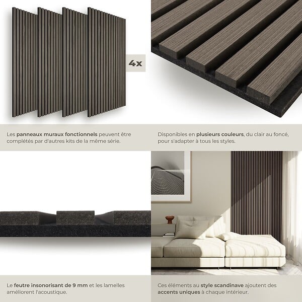 TECTAKE - Panneaux acoustiques muraux décoratifs chêne gris 110x50cm lot 4 pièces en MDF placage bois véritable absorption phonique insonorisation - large