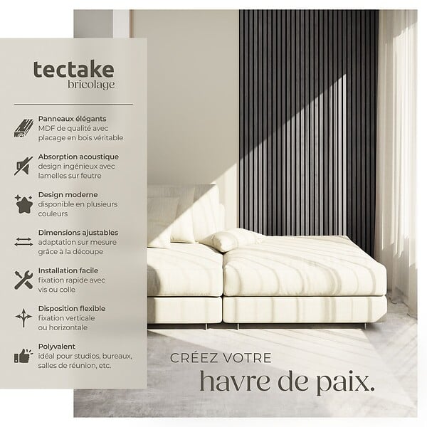 TECTAKE - Panneaux acoustiques muraux décoratifs en bois MDF placage véritable chêne gris clair 110x50cm lot 4 pièces absorption phonique - large