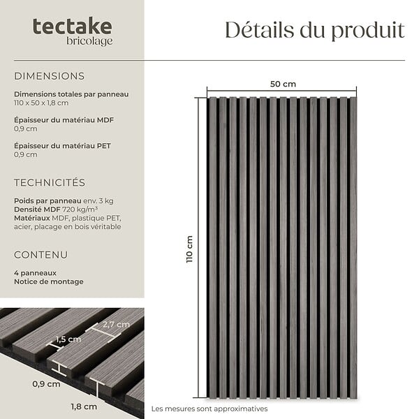 TECTAKE - Panneaux acoustiques muraux décoratifs en bois MDF placage véritable chêne gris clair 110x50cm lot 4 pièces absorption phonique - large