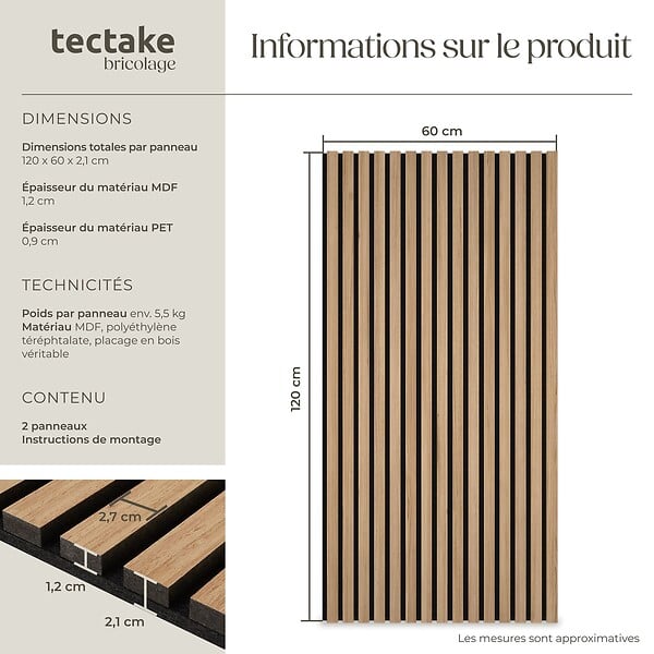 TECTAKE - Panneaux acoustiques muraux chêne en MDF placage bois véritable 120x60x2.1cm absorption sonore isolation phonique design scandinave - large