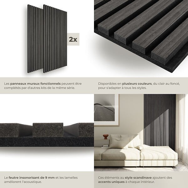 TECTAKE - Panneaux acoustiques SONIC WALL aspect bois chêne noir - large