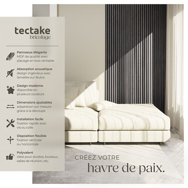 TECTAKE - Panneaux acoustiques en bois chêne gris clair 110x50cm absorption phonique feutre MDF placage véritable isolation sonore décoration murale - large