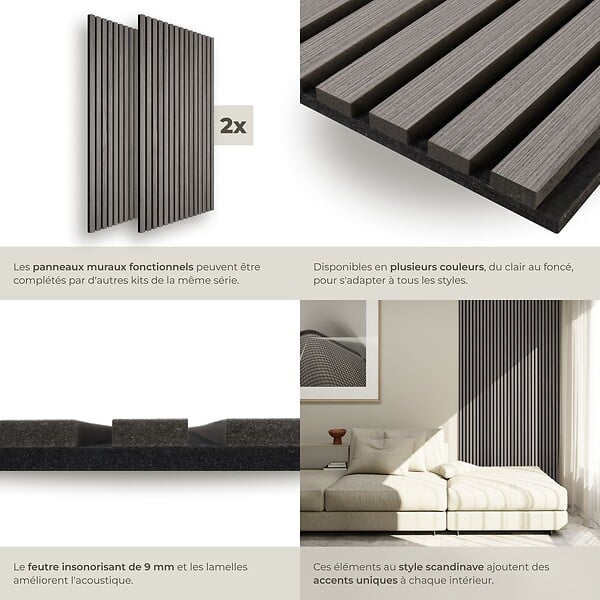 TECTAKE - Panneaux acoustiques en bois chêne gris clair 110x50cm absorption phonique feutre MDF placage véritable isolation sonore décoration murale - large