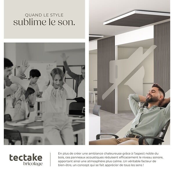 TECTAKE - Panneaux acoustiques en bois chêne gris clair 110x50cm absorption phonique feutre MDF placage véritable isolation sonore décoration murale - large