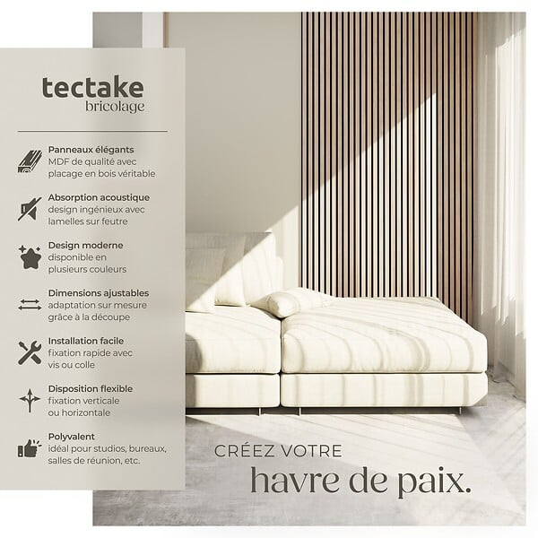 TECTAKE - Panneaux acoustiques décoratifs en MDF placage bois chêne clair 110x50cm absorption phonique feutre lamelles isolation sonore mural - large