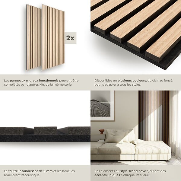 TECTAKE - Panneaux acoustiques décoratifs en MDF placage bois chêne clair 110x50cm absorption phonique feutre lamelles isolation sonore mural - large