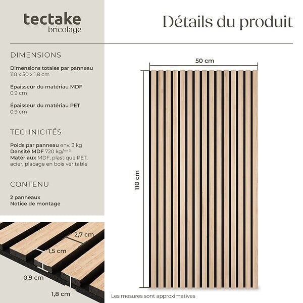 TECTAKE - Panneaux acoustiques décoratifs en MDF placage bois chêne clair 110x50cm absorption phonique feutre lamelles isolation sonore mural - large