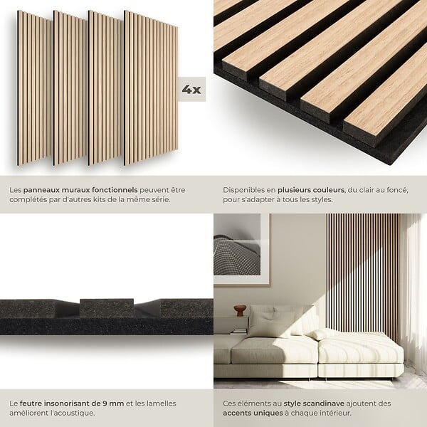 TECTAKE - Panneaux acoustiques décoratifs en MDF placage bois chêne clair 110x50x1.8cm lot 4 pièces absorption phonique isolation sonore mural - large