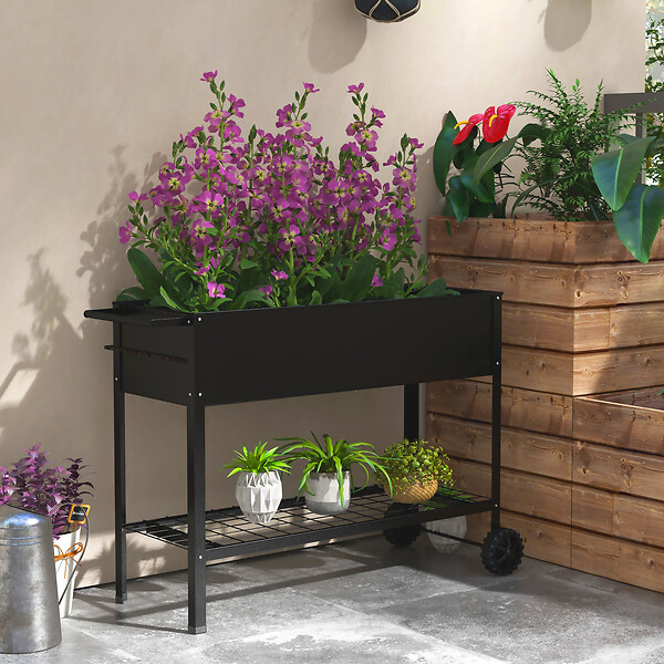 OUTSUNNY - Jardinière sur pieds potager dim. 104L x 39l x 80H cm étagère 2 roues + insert d'irrigation métal noir - large
