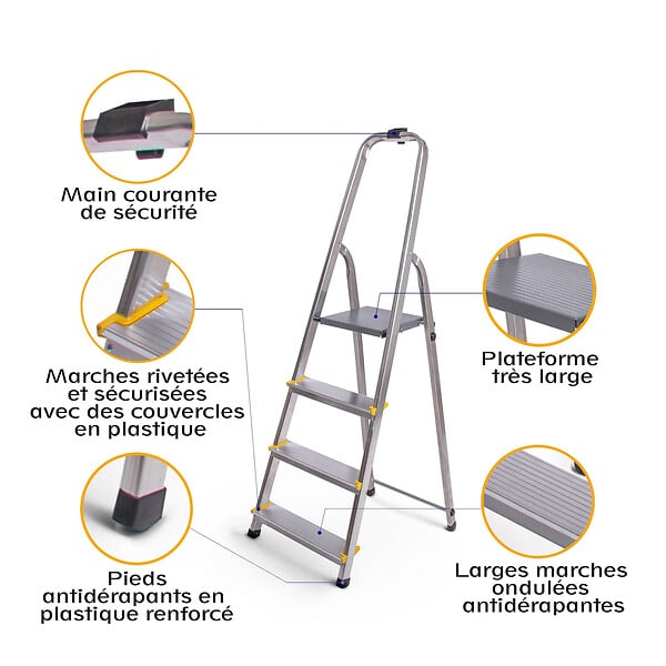 HOSTRÃ–M - Escabeau 4 marches DURA pliable, marchepied léger en aluminium, hauteur plateforme 75cm, pieds antidérapants, charge 150kg, garantie 5 ans Hoström - large