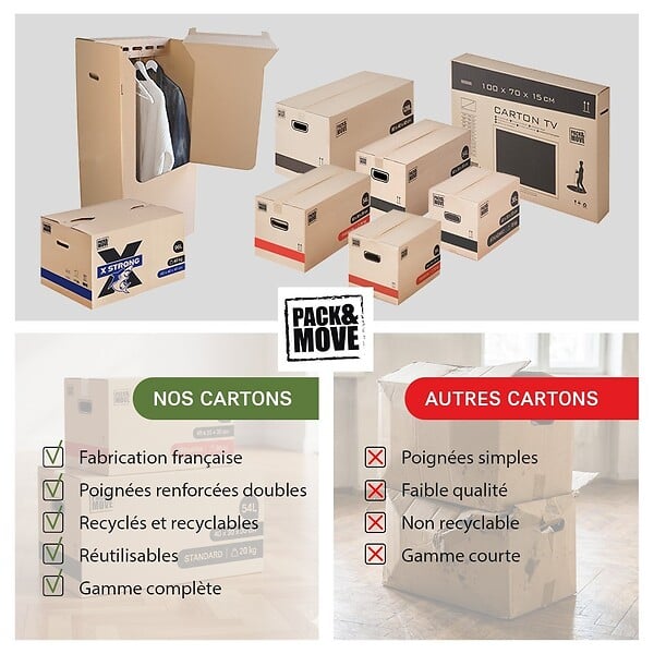 PACK AND MOVE - Pack and Move - Lot 20 cartons déménagement seconde main - 57 x 39 x 34 cm - Cartons réemployés - Seconde vie - 1 adhésif offert - large