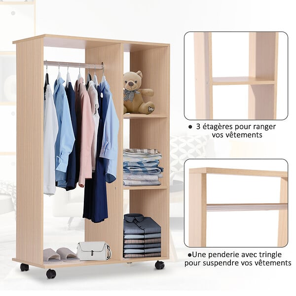 HOMCOM - Armoire penderie armoire de rangement mobile panneaux de particules coloris chêne clair - large
