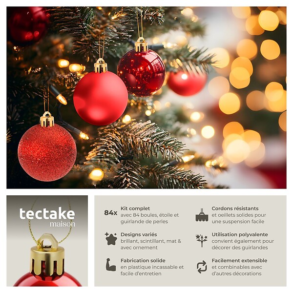 TECTAKE - Lot 84 boules de Noël rouges rouge - large