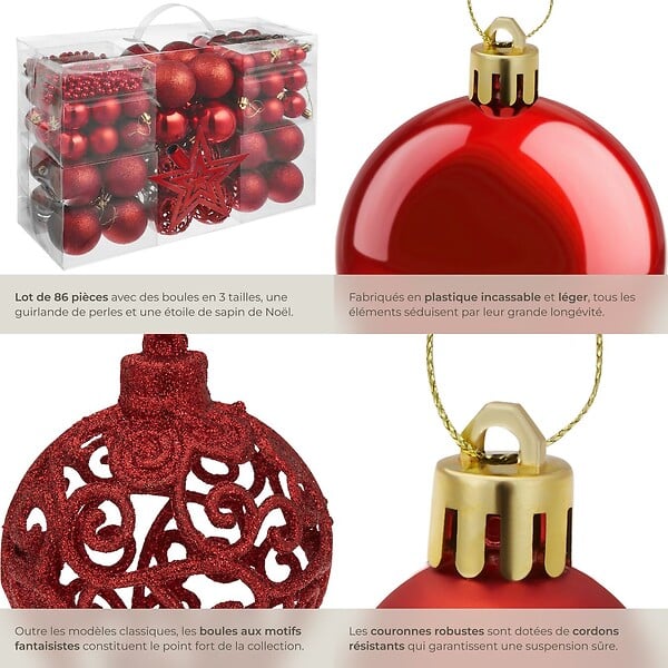 TECTAKE - Lot 84 boules de Noël rouges rouge - large