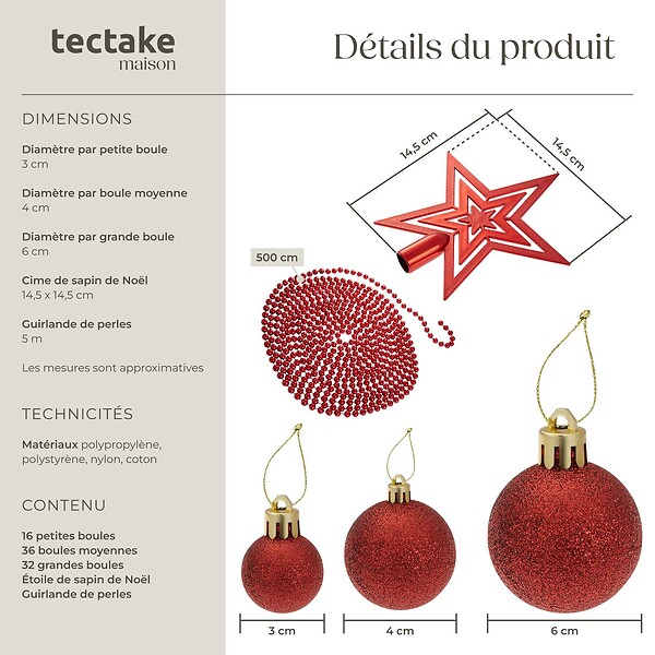 TECTAKE - Lot 84 boules de Noël rouges rouge - large