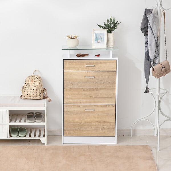 HOMCOM - Armoire à chaussures organisateur de luxe pour chaussures 2 portes abattantes 2 compartiments, tiroir, étagère verre panneaux particules chêne blanc - large