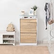 HOMCOM - Armoire à chaussures organisateur de luxe pour chaussures 2 portes abattantes 2 compartiments, tiroir, étagère verre panneaux particules chêne blanc - vignette