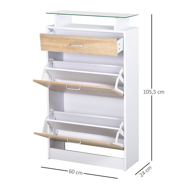 HOMCOM - Armoire à chaussures organisateur de luxe pour chaussures 2 portes abattantes 2 compartiments, tiroir, étagère verre panneaux particules chêne blanc - large