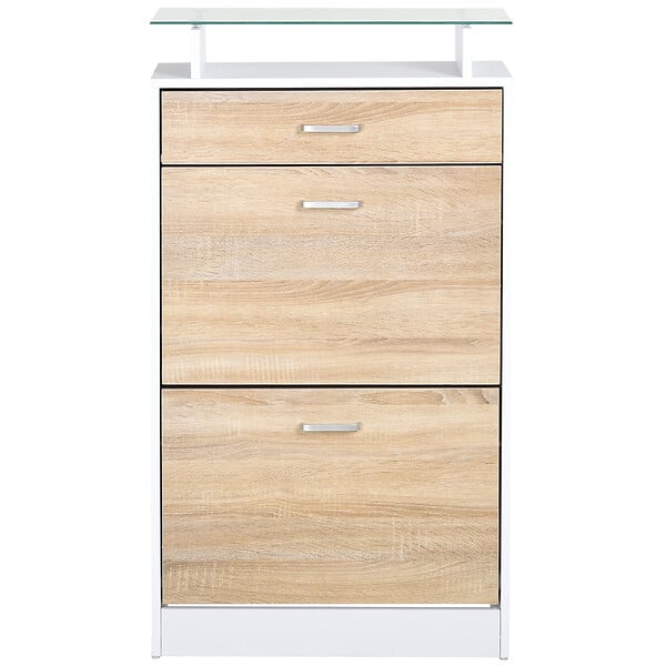 HOMCOM - Armoire à chaussures organisateur de luxe pour chaussures 2 portes abattantes 2 compartiments, tiroir, étagère verre panneaux particules chêne blanc - large