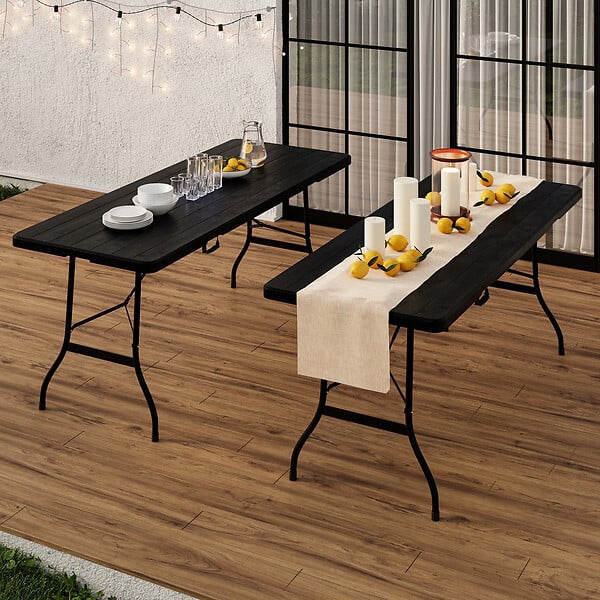 ID MARKET - Table pliante d'appoint portable 180 cm pour camping ou réception imitation bois noir - large