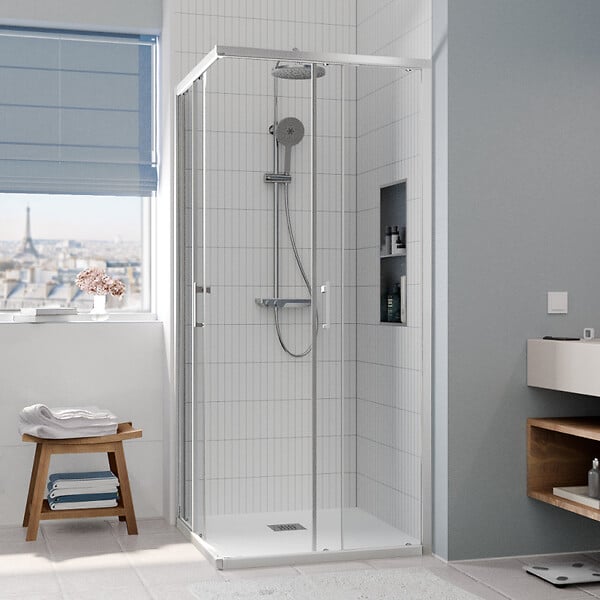 CERAMIA - CASCADA Porte de douche 90x90x195cm coulissante anticalcaire avec profilés chrome brillant (CERAHC9090C) - large