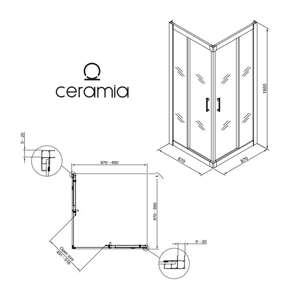CERAMIA - CASCADA Porte de douche 90x90x195cm coulissante anticalcaire avec profilés chrome brillant (CERAHC9090C) - large