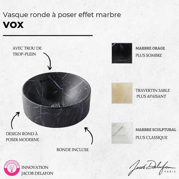 JACOB DELAFON - Vasque ronde à poser Vox marbre noir orage + bonde - large