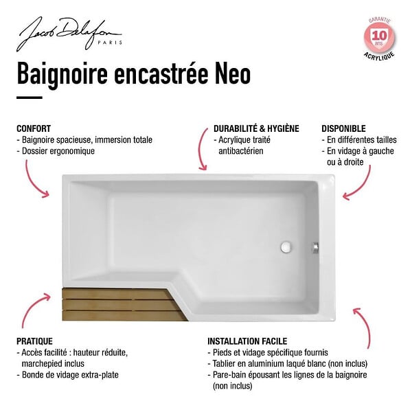JACOB DELAFON - Pack baignoire bain douche antidérapante 180 x 90 Neo blanc mat - v.droite + pare bain chromé + tablier - large