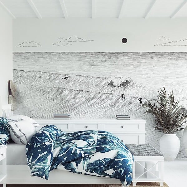 99DECO - Papier peint panoramique - Vagues - Noir - intissé : 150g/m² - 7 lés : 336x270cm - large