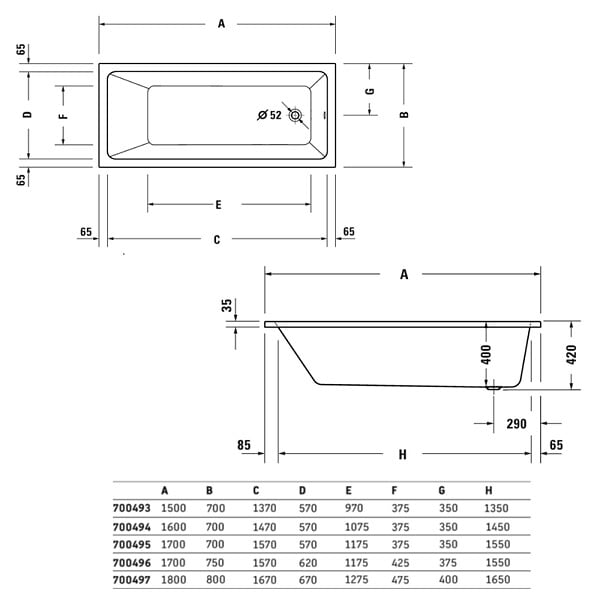 DURAVIT - Baignoire droite 150x70 Duravit No.1 - large