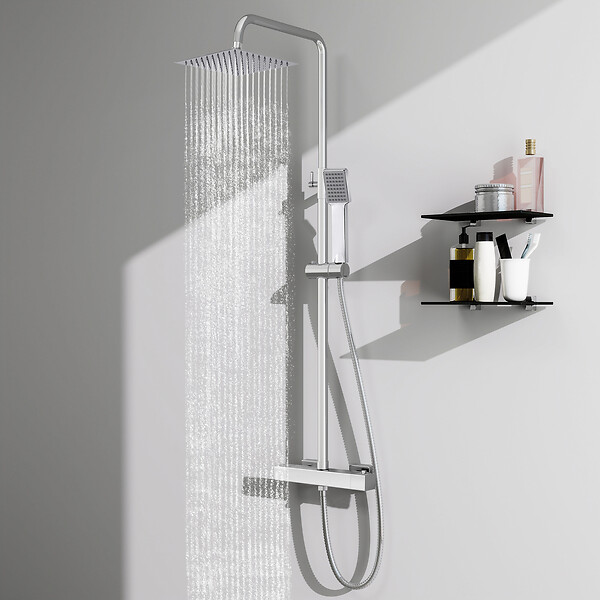 AICA SANITAIRE - AICA Colonne de douche thermostatique chromée, avec douche de tête carrée et douchette  réglable en hauteur, ensemble de douche en acier inoxydable pour douches de plain-pied - large