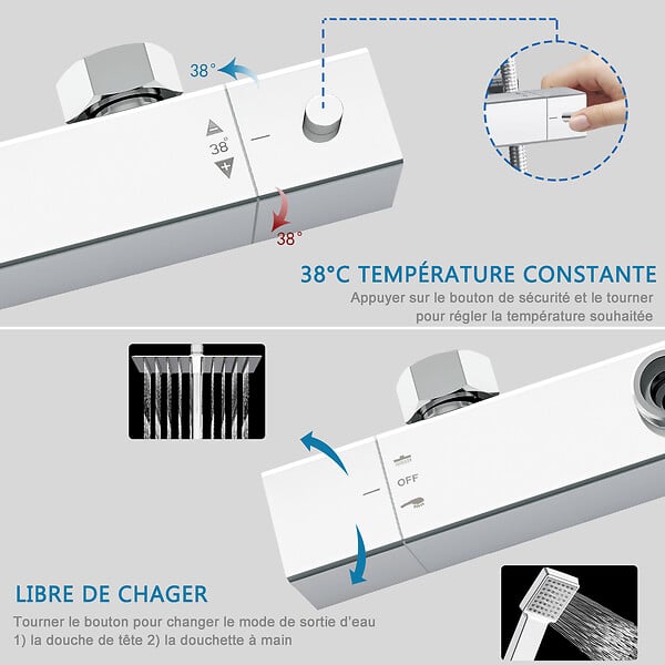 AICA SANITAIRE - AICA Colonne de douche thermostatique chromée, avec douche de tête carrée et douchette  réglable en hauteur, ensemble de douche en acier inoxydable pour douches de plain-pied - large