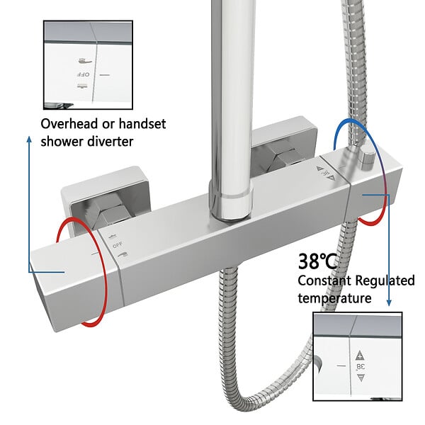 AICA SANITAIRE - AICA Colonne de douche thermostatique chromée, avec douche de tête carrée et douchette  réglable en hauteur, ensemble de douche en acier inoxydable pour douches de plain-pied - large