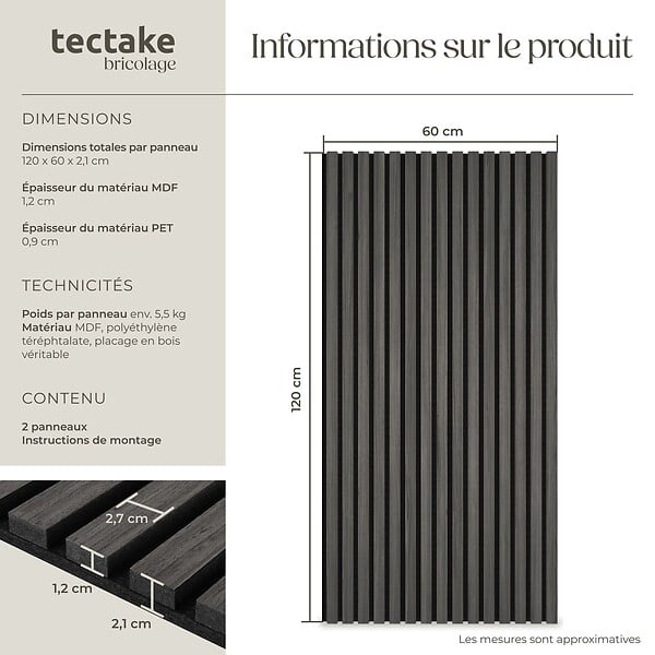 TECTAKE - Panneaux acoustiques SONIC WALL aspect bois chêne noir - large