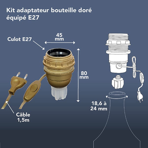 TIBELEC - Kit adaptateur bouteille équipé E27 - Plastique - Or - 60W - large