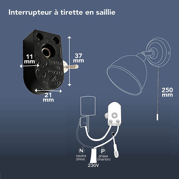 TIBELEC - Interrupteur à tirette - Plastique - Noir - 2A 250V - large