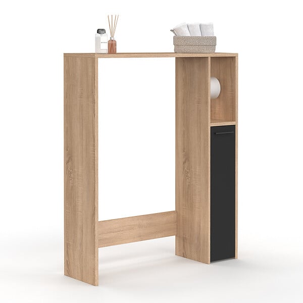 ID MARKET - Meuble dessus WC WALLIS avec placard  façon hêtre et noir - large