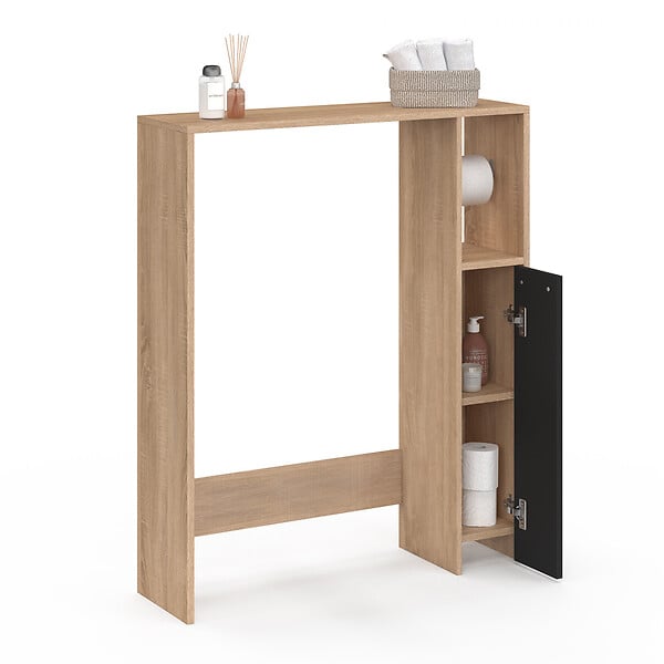 ID MARKET - Meuble dessus WC WALLIS avec placard  façon hêtre et noir - large