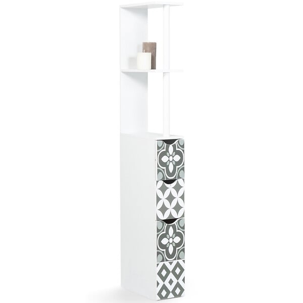 ID MARKET - Meuble WC étagère bois WILLY 3 portes blanc et motif carreaux de ciment gris - large